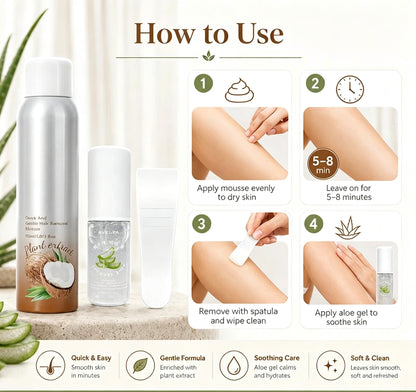 Warehouse Clearout Sale Korean Gentle Hair Removal Mousse Kit, Infused with Coconut Oil & Aloe Vera, Full 3-Step Home Depilation Set with Scraper