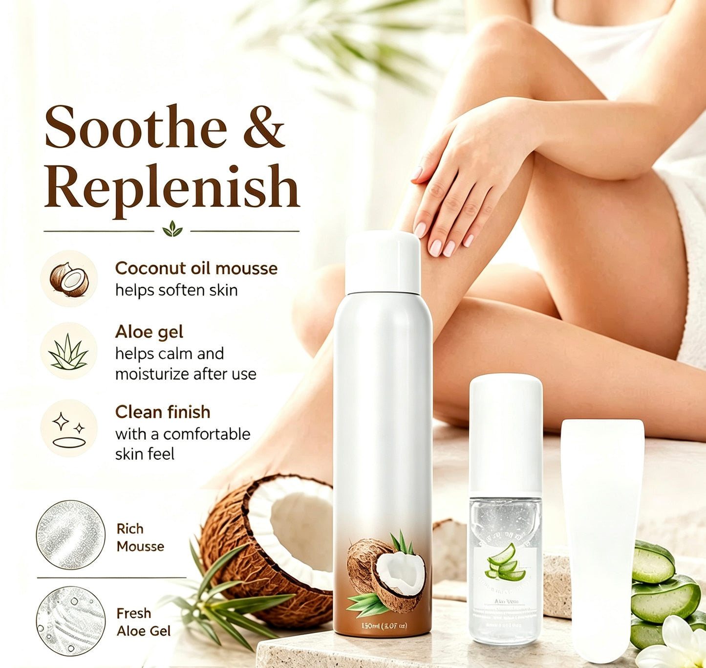 Warehouse Clearout Sale Korean Gentle Hair Removal Mousse Kit, Infused with Coconut Oil & Aloe Vera, Full 3-Step Home Depilation Set with Scraper