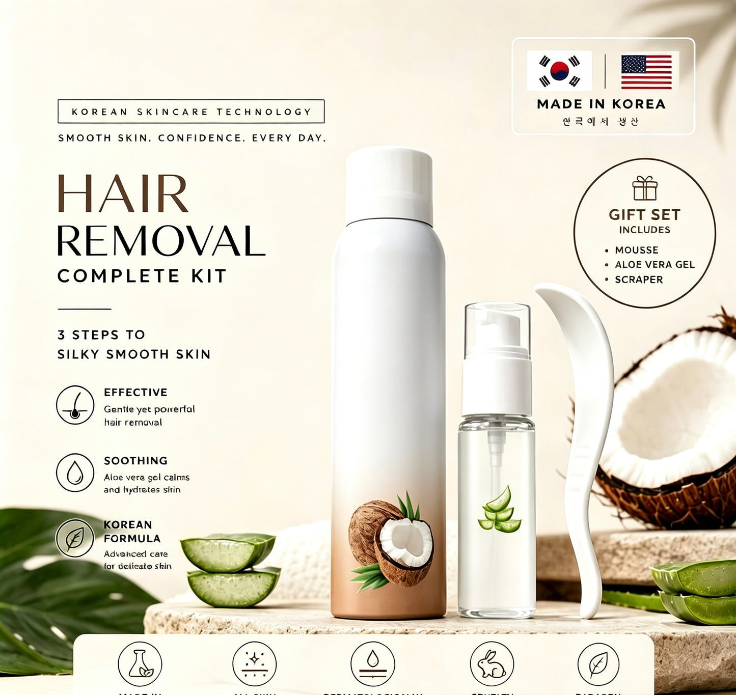 Warehouse Clearout Sale Korean Gentle Hair Removal Mousse Kit, Infused with Coconut Oil & Aloe Vera, Full 3-Step Home Depilation Set with Scraper