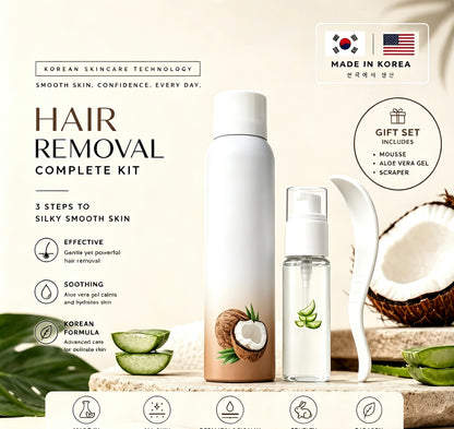 Warehouse Clearout Sale Korean Gentle Hair Removal Mousse Kit, Infused with Coconut Oil & Aloe Vera, Full 3-Step Home Depilation Set with Scraper