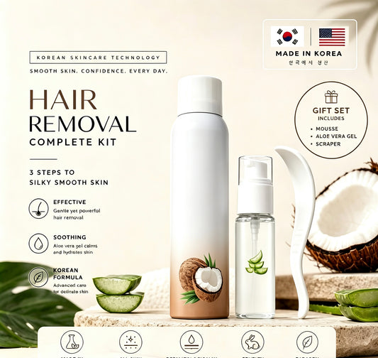 Warehouse Clearout Sale Korean Gentle Hair Removal Mousse Kit, Infused with Coconut Oil & Aloe Vera, Full 3-Step Home Depilation Set with Scraper