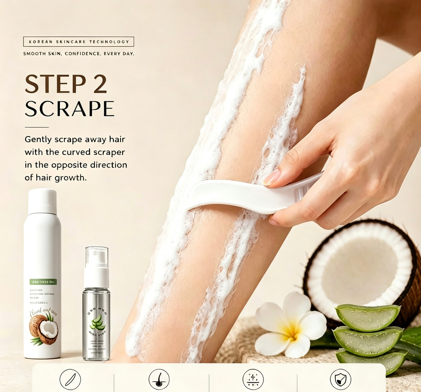 Warehouse Clearout Sale Korean Gentle Hair Removal Mousse Kit, Infused with Coconut Oil & Aloe Vera, Full 3-Step Home Depilation Set with Scraper