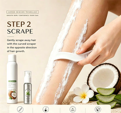 Warehouse Clearout Sale Korean Gentle Hair Removal Mousse Kit, Infused with Coconut Oil & Aloe Vera, Full 3-Step Home Depilation Set with Scraper